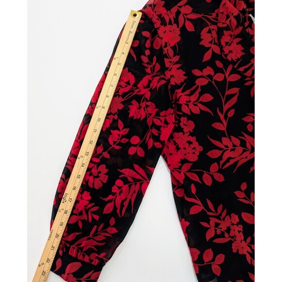 Chico's Red Black Floral Long Sleeve Sheer Ruffle Button Size 3P XL Petite - Picture 3 of 12